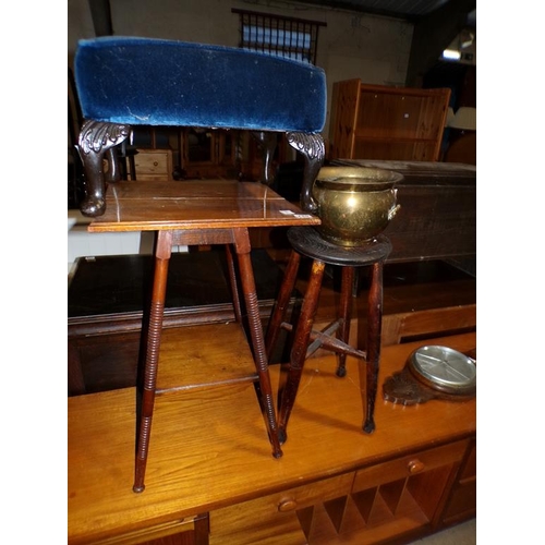 740 - TWO STOOLS, BRASS JARDINERE AND AN OCCASIONAL TABLE