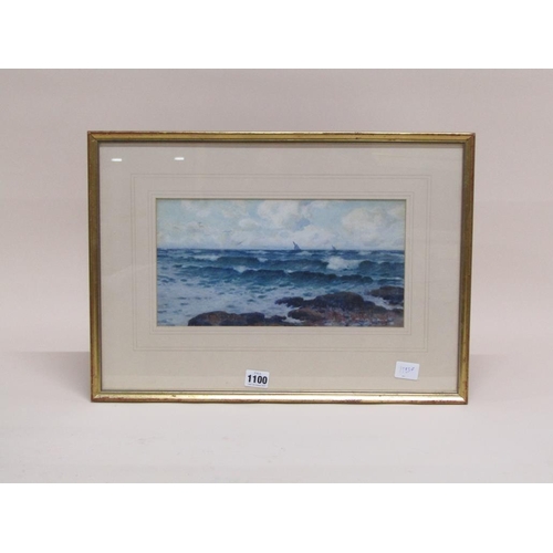 1100 - JOHN MCDOUGAL - ROCKY COASTAL SCENE WITH DISTANT BOATS, SIGNED WATERCOLOUR, F/G, 17CM X 33CM