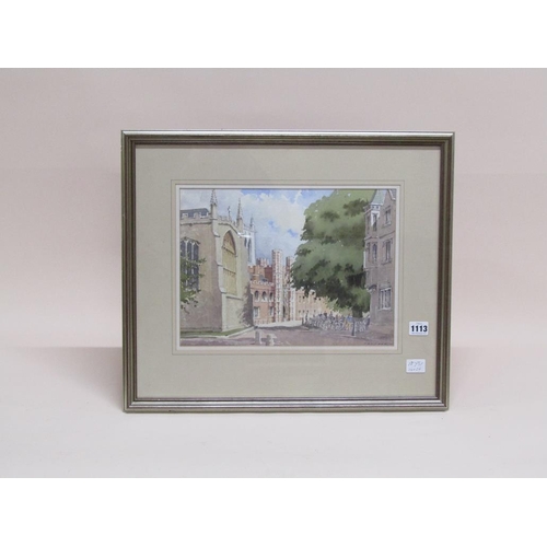 1113 - GEORGE SEAR - COLLEGE WITH CHURCHES, BUILDINGS AND BICYCLES, SIGNED WATERCOLOUR, F/G, 26CM X 34CM