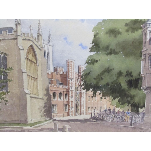 1113 - GEORGE SEAR - COLLEGE WITH CHURCHES, BUILDINGS AND BICYCLES, SIGNED WATERCOLOUR, F/G, 26CM X 34CM