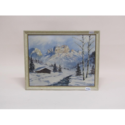 1123 - TASK 1957 - WINTER ALPINE SCENE, SIGNED OIL ON BOARD, FRAMED, 33CM X 42CM