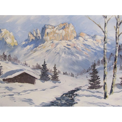 1123 - TASK 1957 - WINTER ALPINE SCENE, SIGNED OIL ON BOARD, FRAMED, 33CM X 42CM