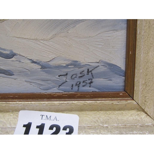 1123 - TASK 1957 - WINTER ALPINE SCENE, SIGNED OIL ON BOARD, FRAMED, 33CM X 42CM