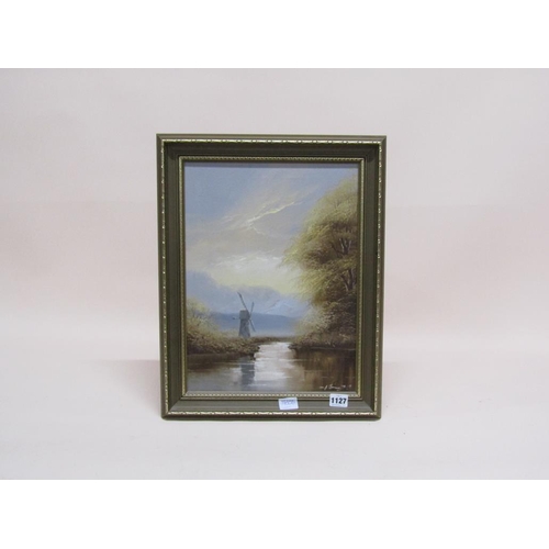 1127 - A JAINUS 78 - WINDMILL IN A RIVERSCAPE, SIGNED OIL ON BOARD, FRAMED, 40CM X 29CM