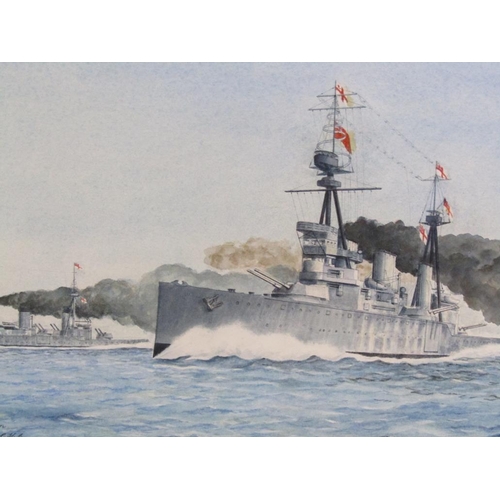 1128 - B E NEWTON - PAIR, BATTLESHIP UNDER ATTACK & BATTLE SHIPS LAYING AT SMOKE SCENE, SIGNED WATERCOLOURS... 