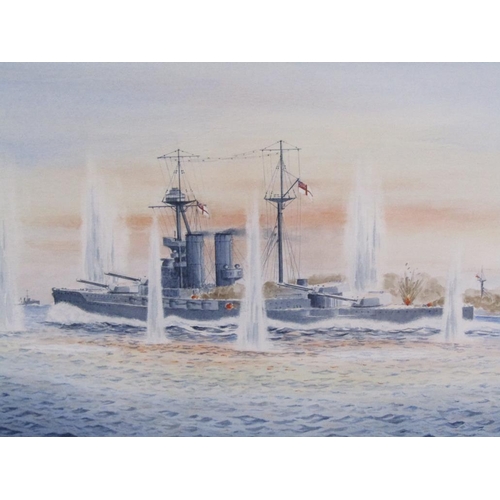 1128 - B E NEWTON - PAIR, BATTLESHIP UNDER ATTACK & BATTLE SHIPS LAYING AT SMOKE SCENE, SIGNED WATERCOLOURS... 