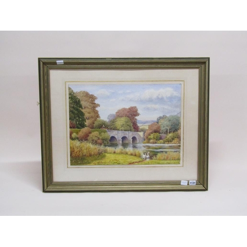 1131 - J H MEADOWCROFT - SUMMERTIME RIVERSCAPE WITH ARCHED BRIDGE, SIGNED WATERCOLOUR, F/G, 39CM X 53CM