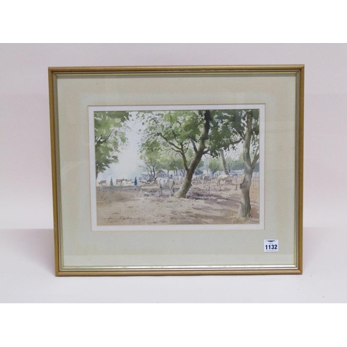 1132 - HARRY SHELDON - AFRICAN CATTLE MARKET, SIGNED WATERCOLOUR, F/G, 25CM X 35CM