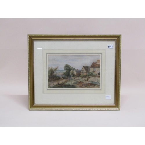 1141 - UNSIGNED 19C - A KENT COUNTRY LANE WITH ADJOINING COTTAGES, WATERCOLOUR, F/G, 20CM X 29CM