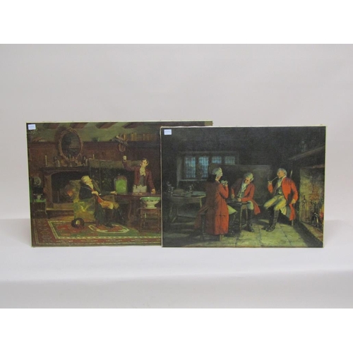 1142 - THREE UNFRAMED OLEOGRAPHS - LATE 17C/EARLY 18C DOMESTIC SCENES, 55CM X 70CM