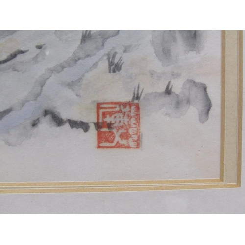 1143 - ORIENTAL LANDSCAPE WITH DISTANT MOUNTAINS WIHT RED SEAL STAMP, WATERCOLOUR, F/G, 22CM X 30CM