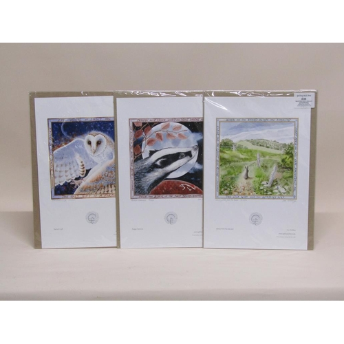 1144 - SUE WOOKEY - FOUR UNFRAMED COLOURED PRINTS, TITLED, EACH 48CM X 33CM