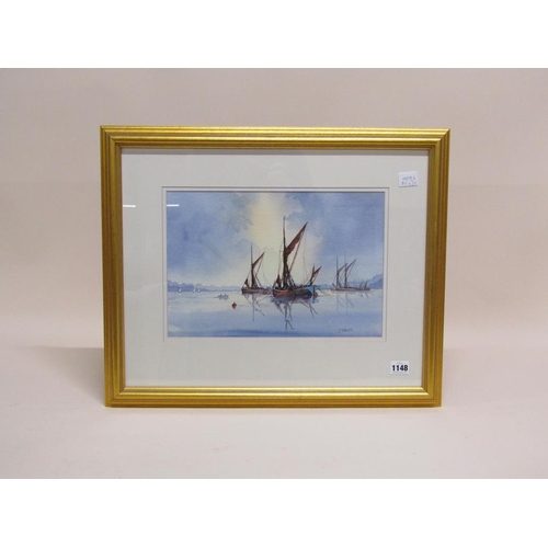 1148 - J MOORE - MOORED SAILING VESSELS, SIGNED WATERCOLOUR, F/G, 25CM X 35CM