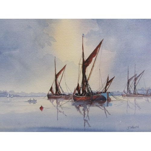 1148 - J MOORE - MOORED SAILING VESSELS, SIGNED WATERCOLOUR, F/G, 25CM X 35CM