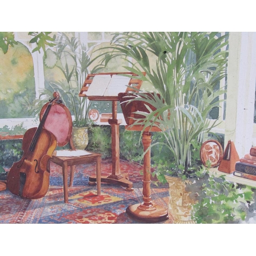 1150 - RICHARD AKERMAN - PAIR, CONSERVATORY FOUNTAIN & THE CELLO, SIGNED WATERCOLOURS, F/G, 39CM X 49CM