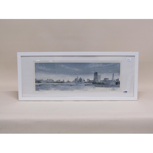 1160 - RHODRI JONES - WATERLOO BRIDGE, SIGNED AND TITLED WATERCOLOUR, F/G, 21CM X 60CM