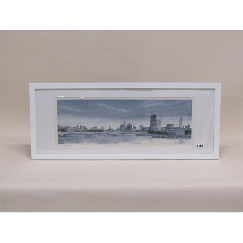 1160 - RHODRI JONES - WATERLOO BRIDGE, SIGNED AND TITLED WATERCOLOUR, F/G, 21CM X 60CM