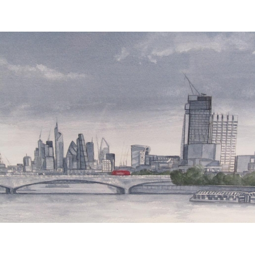 1160 - RHODRI JONES - WATERLOO BRIDGE, SIGNED AND TITLED WATERCOLOUR, F/G, 21CM X 60CM