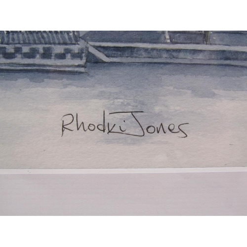 1160 - RHODRI JONES - WATERLOO BRIDGE, SIGNED AND TITLED WATERCOLOUR, F/G, 21CM X 60CM