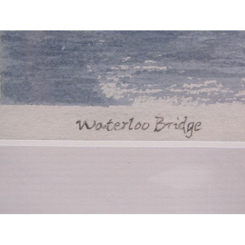 1160 - RHODRI JONES - WATERLOO BRIDGE, SIGNED AND TITLED WATERCOLOUR, F/G, 21CM X 60CM