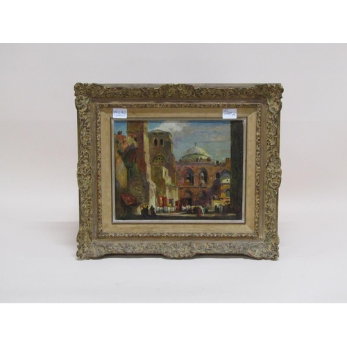 1160A - IN THE MANNER OF SIR FRANK BRANGWYN - PROCESSIONS, OIL ON PANEL, FRAMED, 23CM X 29CM