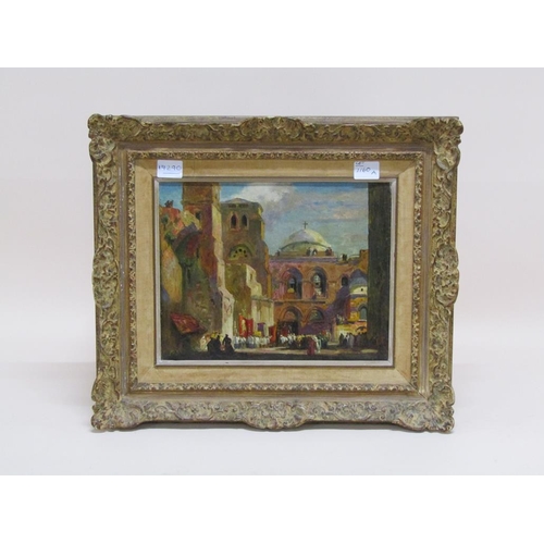 1160A - IN THE MANNER OF SIR FRANK BRANGWYN - PROCESSIONS, OIL ON PANEL, FRAMED, 23CM X 29CM