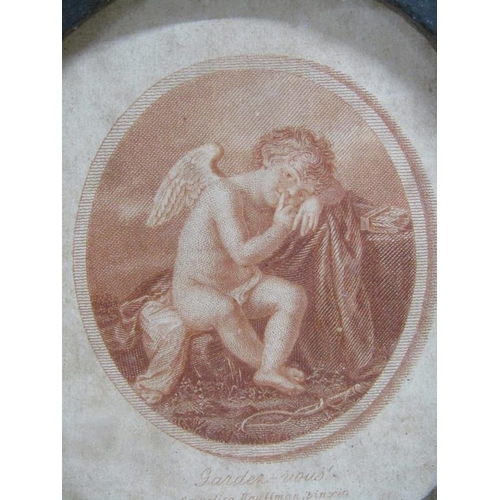 1162 - 19C F/G OVAL SEPIA PRINT - CUPID, 10CM X 8CM