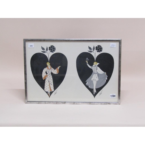 1164 - ERTE - MALE AND FEMALE FIGURE WITH HEART SHAPED BACKGROUND, COLOURED PRINT, F/G, 34CM X 50CM