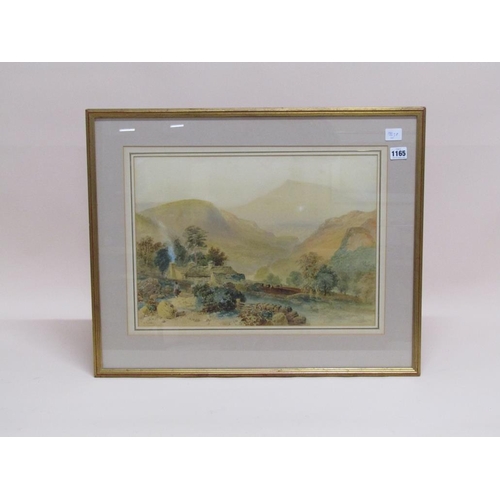 1165 - WILLIAM HULL 1820/1880 - STONE COTTAGES AND FIGURES IN A MOUNTAINOUS REGION, SIGNED WATERCOLOUR, F/G... 