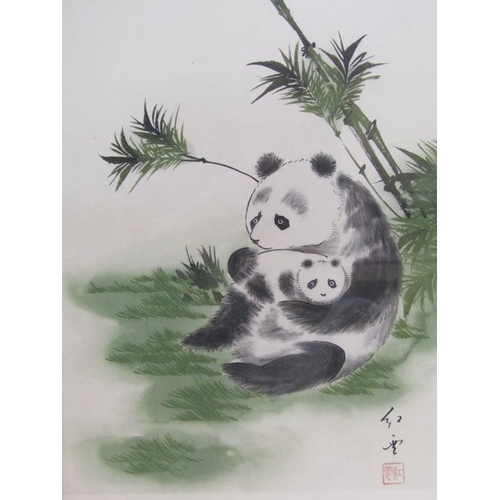 1166 - TWO ORIENTAL COLOURED PRINTS - PANDA AND CUB & BUTTERFLIES, BOTH F/G, 36CM X 26CM