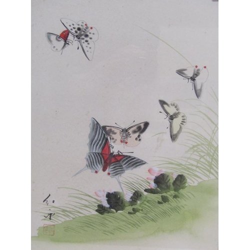 1166 - TWO ORIENTAL COLOURED PRINTS - PANDA AND CUB & BUTTERFLIES, BOTH F/G, 36CM X 26CM