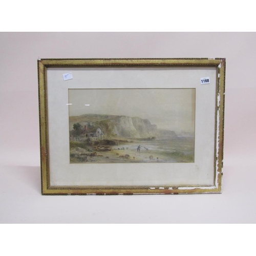 1168 - E A KREUSE - COASTAL SCENE WITH A FIGURE ON THE BEACH, SIGNED WATERCOLOUR, F/G, 26CM X 44CM