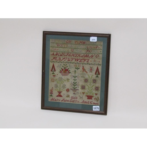 1171 - 19C NEEDLEWORK ALPHABETICAL AND NUMERICAL SAMPLER BY MARY JANE CURRY, AGED 10 YEARS, F/G, 29CM X 24C... 