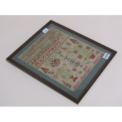 1171 - 19C NEEDLEWORK ALPHABETICAL AND NUMERICAL SAMPLER BY MARY JANE CURRY, AGED 10 YEARS, F/G, 29CM X 24C... 