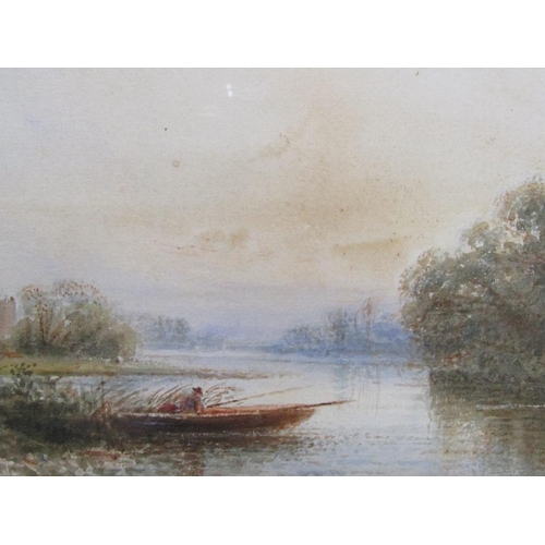 1176 - E BLAIR - LATE 19C FISHERMAN ON QUIET WATERS, SIGNED WATERCOLOUR, F/G, 17CM X 34CM