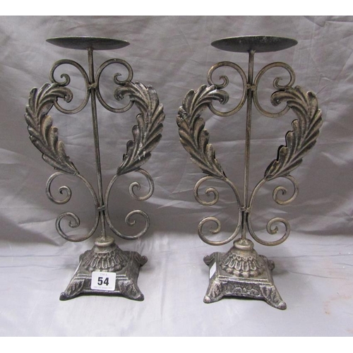 54 - PAIR OF LARGE ORNATE METAL PRICKET CANDLE STANDS