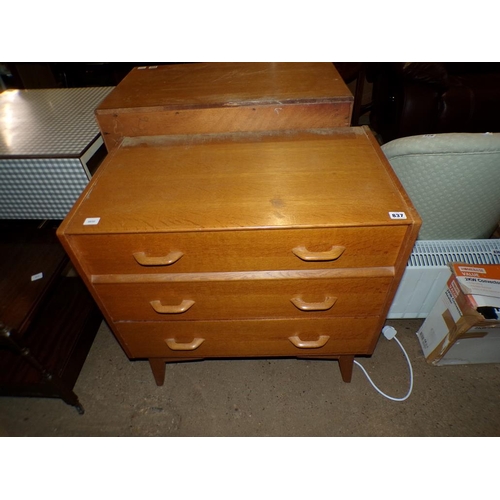 837 - OAK THREE DRAWER CHEST