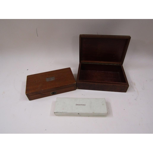 1226 - BURR WOOD BOX AND COVER; BOX OF DRAWING INSTRUMENTS; SHAEFFER TWO PEN SET