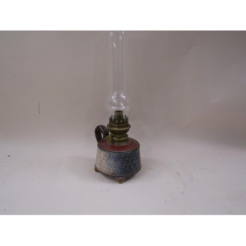 1229 - OIL LAMP WITH GLAZED POTTERY FONT BASE, 20CM H