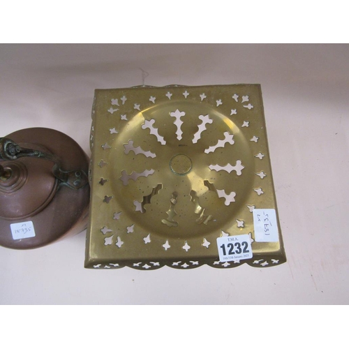 1232 - VICTORIAN BRASS FIRE TRIVET; COPPER KETTLE