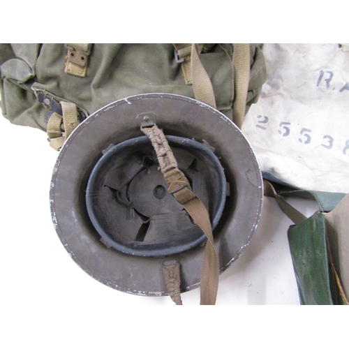 1239 - WW2 WARDENS HELMET; MILITARY NAPSACK AND BAG