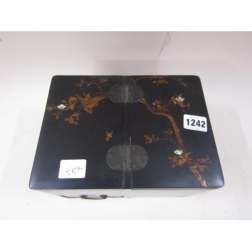 1242 - JAPANESE BLACK LACQUERED BOX DECORATED WITH BLOSSOM AND FINCHES, 23CM W