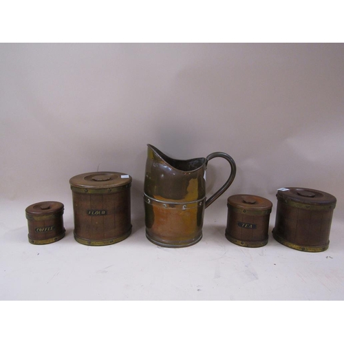 1247 - BRASS JUG; GRADUATED SET OF FOUR WOODEN KITCHEN BARRELS AND COVERS