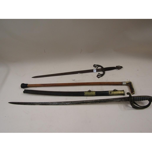 1253 - VICTORIAN OFFICERS SWORD AND SCABBARD; CONTINENTAL SWORD; WALKING STICK