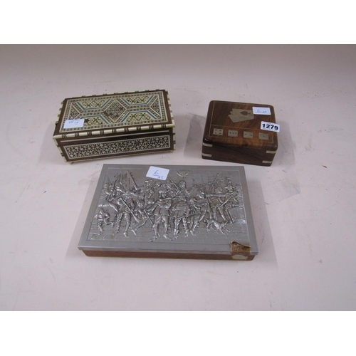 1279 - PLAYING CARD BOX; MOTHER OF PEARL INLAID CARD BOX; CIGARETTE BOX AND COVER