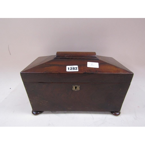 1282 - 19C FIGURED MAHOGANY TWO COMPARTMENT CADDY, 30CM W