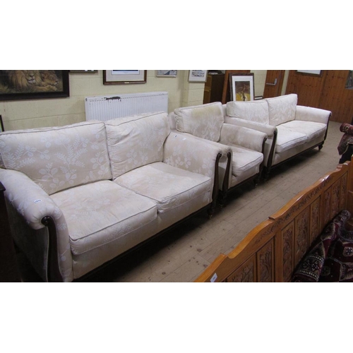 1672 - UPHOLSTERED THREE PIECE SUITE COMPRISING THREE SEATER AND TWO SEATER SOFA AND AN ARMCHAIR