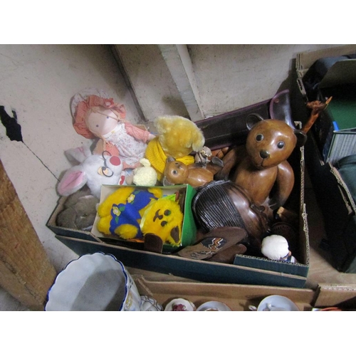 105 - SOFT TOYS, CARVED WOODEN ANIMALS ETC