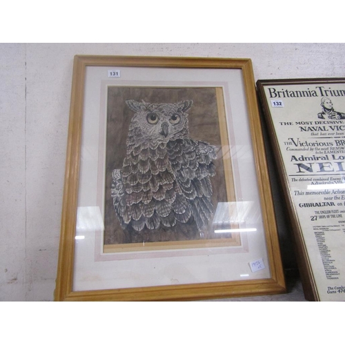 131 - FRAMED WATERCOLOUR - OWL; PRINTS