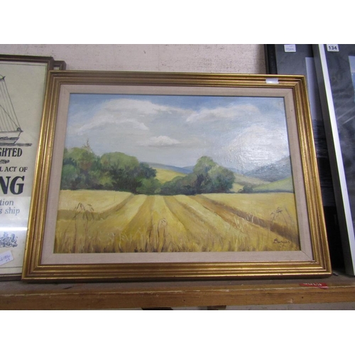 133 - FRAMED OIL ON BOARD - LANDSCAPE; ENGRAVING. MAP